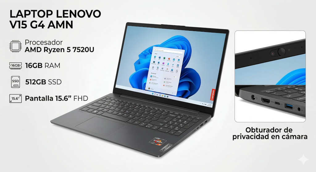 LAPTOP LENOVO V15 G4 AMN R5 7520U 16GB 512GB 15.6P